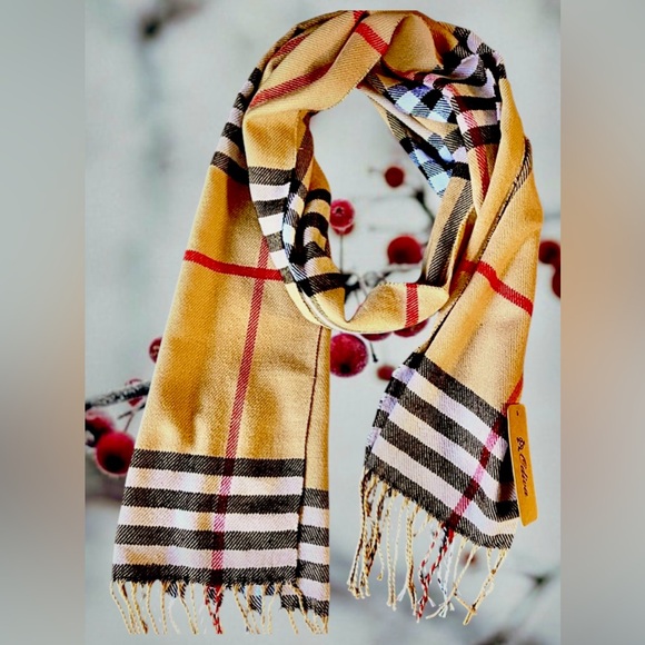 New w/Tags Elegant Plaid Scarf Unisex Tan, red, black & white - Picture 3 of 9